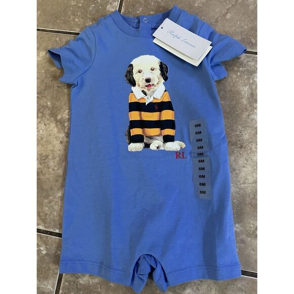 NWT Polo Ralph Lauren 6M One Piece Bodysuit Dog Print Blue - Picture 1 of 4